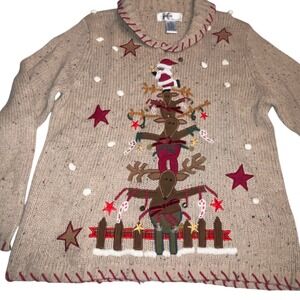 Vintage Kikit Maurice Sasson Christmas Sweater Reindeer Santa Bells Wool Medium